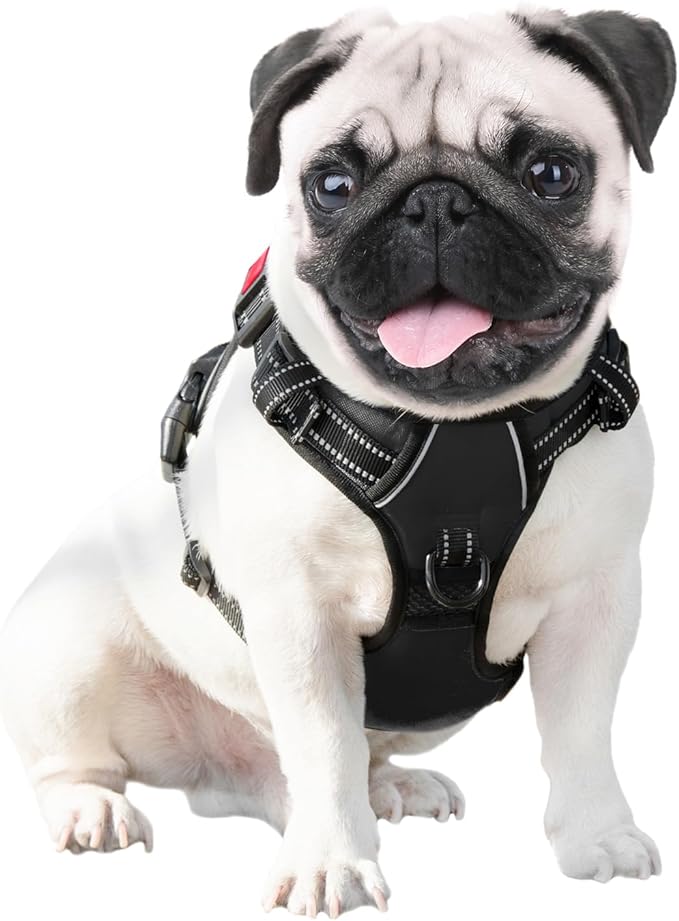 PHOEPET Reflective Dog Harness Large Breed Adjustable No Pull Vest with with Handle 2 Metal Rings 3 Buckles [Easy to Put on & Take Off](L, Black)