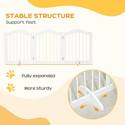 PawHut Freestanding Pet Gate for Dogs 24" Tall Foldable Dog Gates Indoor Wooden Barrier 3 Panels with 2 Support Feet, for Doorway Stairs, White