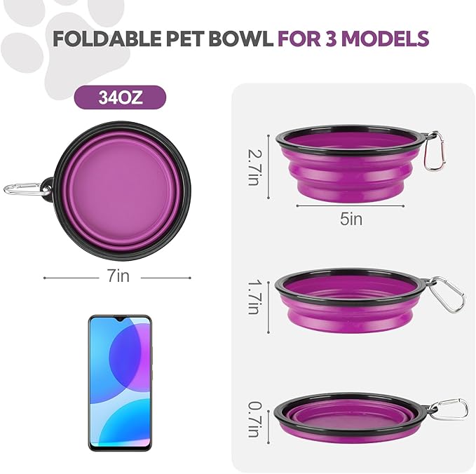 Collapsible Dog Bowl Large 2 Pack, Dog Water Bowls for Travels, Portable Foldable Pet Bowls Feeding Watering Dish for Parking Walking Camping with 2 Carabiners Clip (34oz, Large, Grey+Purple)