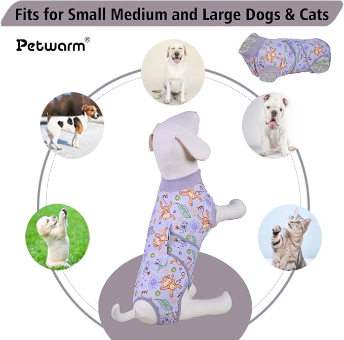 PetWarm Recovery Suit for Dogs, Dog Surgical Recovery Suit Female and Male, Dog Onesie for Surgery, Anti-Licking Dog Surgery Recovery Suit, Monkey Pattern, Grey, L