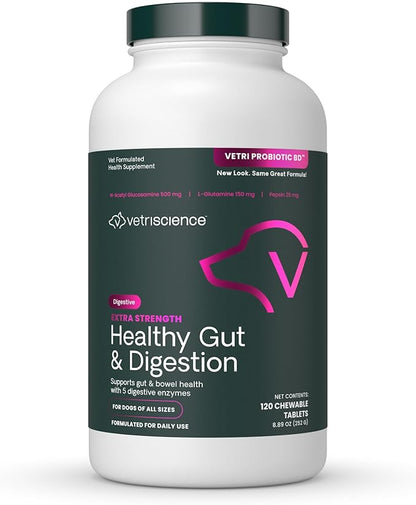 VetriScience Extra Strength Healthy Gut & Digestion Chewable Tablets, Probiotic BD Digestive Enzyme Supplement for Dogs, Soothe Gut and Bowel Discomfort, Chicken, 120 Count