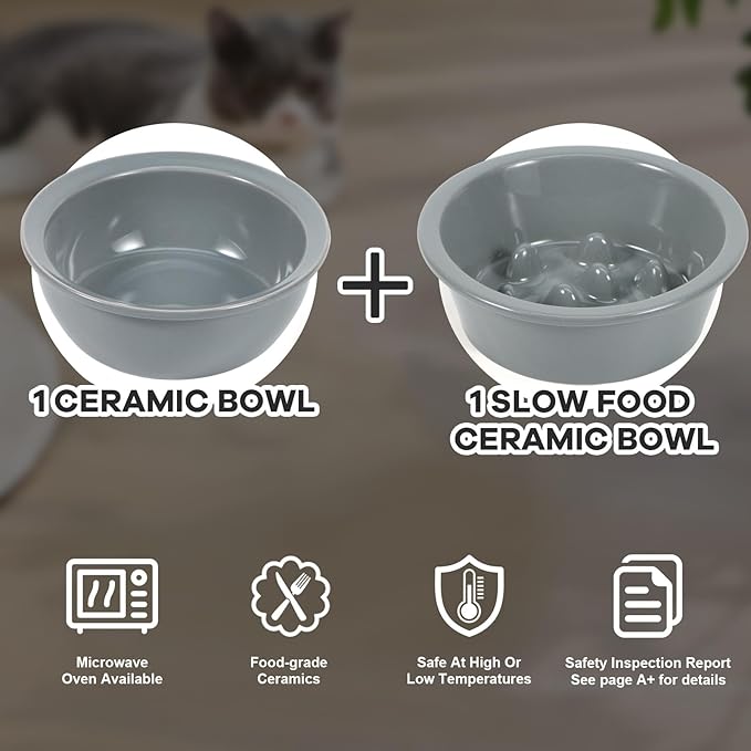 LEAWALK Upgraded Adjustable Height Cat Food Bowls Stand Ceramic Dog Bowls and Slow Feeder Cat Bowl, 15°Tilted Stand Anti Vomiting Raised for Small and Medium Sized Cats Dogs (Grey (2 Bowl+Pet mat))