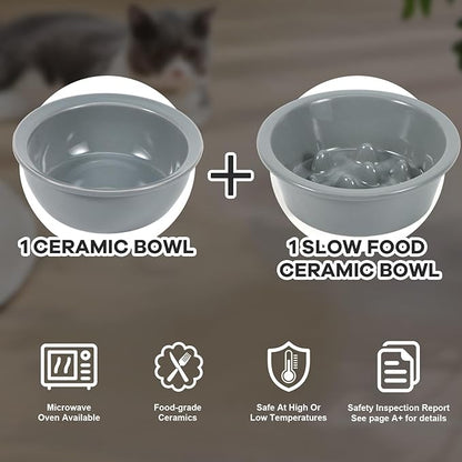 LEAWALK Upgraded Adjustable Height Cat Food Bowls Stand Ceramic Dog Bowls and Slow Feeder Cat Bowl, 15°Tilted Stand Anti Vomiting Raised for Small and Medium Sized Cats Dogs (Grey (2 Bowl+Pet mat))