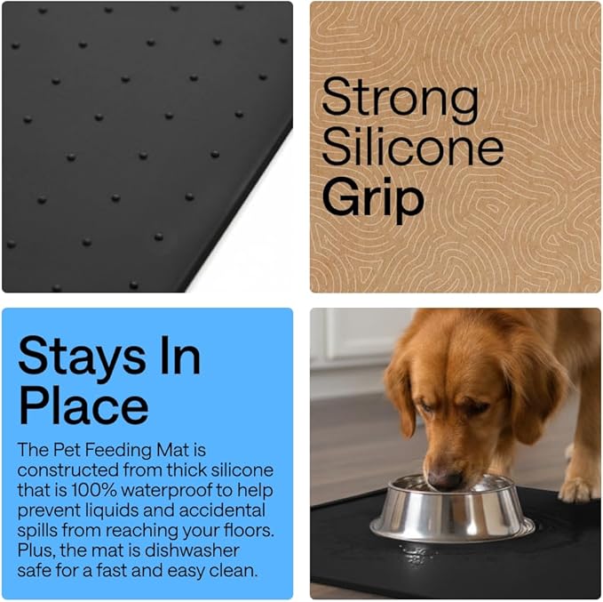 GORILLA GRIP 100% Waterproof Raised Edge BPA Free Silicone Pet Feeding Mat, Dog Cat Food Mats Contain Spills Protects Floors, Placemats for Cats and Dogs Water Bowl, Pets Accessories 32x24 Black