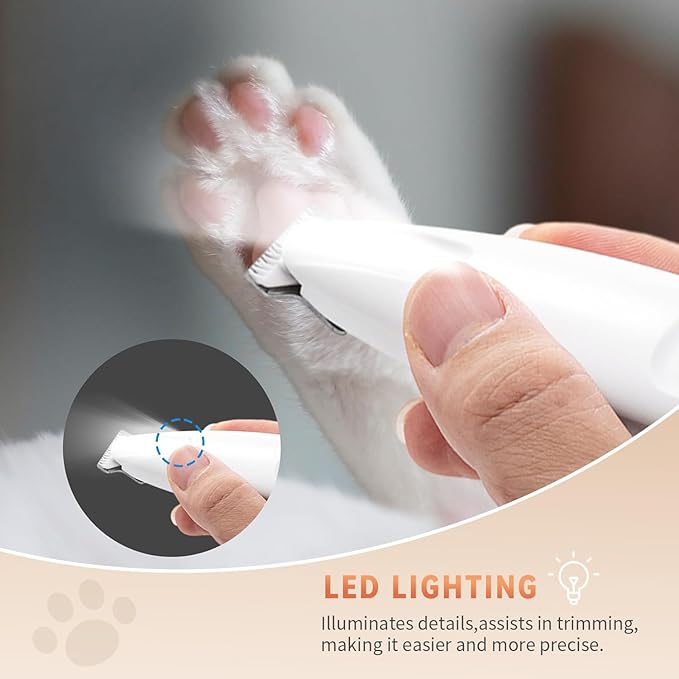 2026 New Pet Precision Trimmer, Dog Paw Trimmer with LED Light, Low Noise, IP68 Waterproof, Dual-Speed Motor, Suit for Trimming Paw, Ear, Face, Butt, Eyebrows, USB Rechageble (White Variant)