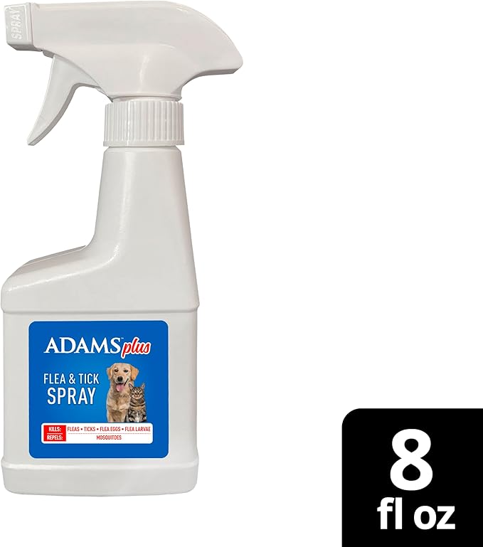 ADAMS Plus Flea & Tick Dog and Cat Spray, Kills Fleas & Ticks, Repels Mosquitoes, Prevents Flea Infestations for up to 2 Months, Flea Treatment for Dogs, Cats, Puppies, & Kittens, 8 Fl oz