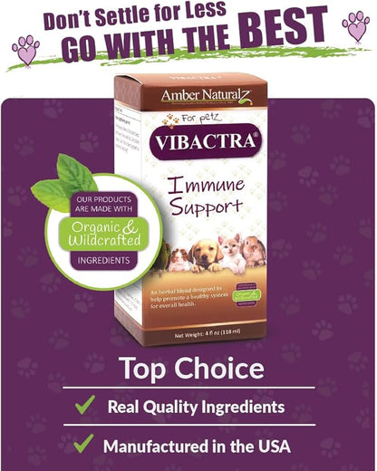 Amber NaturalZ Vibactra Immune Support Herbal Supplement for Dogs, Cats, Birds, Guinea Pigs, and Rabbits | Pet Herbal Blend for Overall Health | 4 Fluid Ounce Glass Bottle | Manufactured in The USA