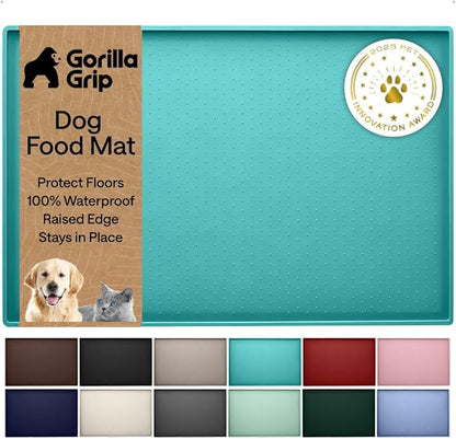 GORILLA GRIP 100% Waterproof Raised Edge BPA Free Silicone Pet Feeding Mat, Dog Cat Food Mats Contain Spills Protects Floors Placemats for Cats and Dogs Water Bowl Pets Accessories 18.5x11.5 Turquoise