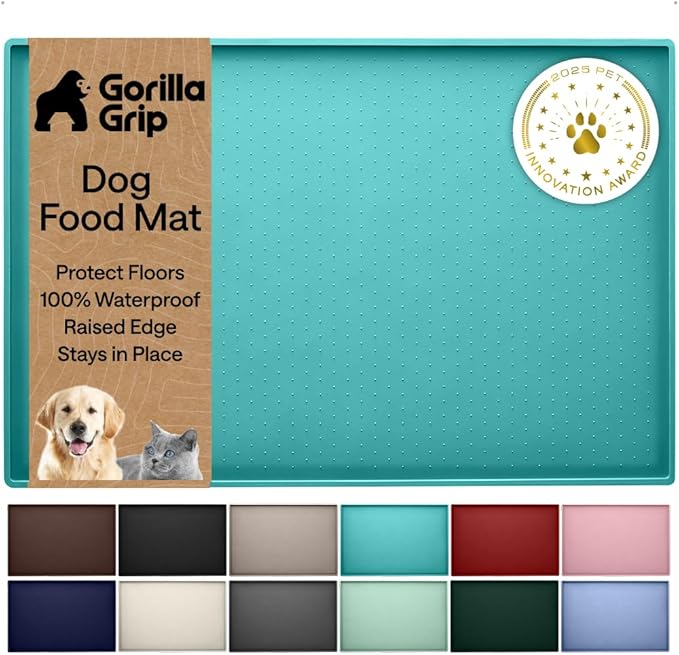 GORILLA GRIP 100% Waterproof Raised Edge BPA Free Silicone Pet Feeding Mat, Dog Cat Food Mats Contain Spills Protects Floors, Placemats for Cats and Dogs Water Bowl, Pets Accessories 23x15 Turquoise