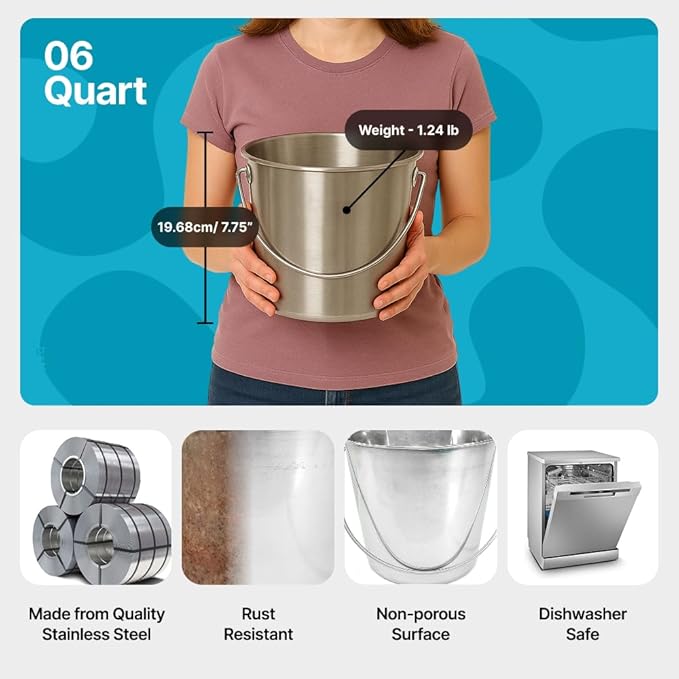 1.5 Gallon Heavy Duty Stainless Steel Bucket - Rust-Resistant Metal Bucket for Feeding & Watering Pets, Livestock & Cleaning - Perfect for Crates, Kennels, Cages & Hang on Fences - 6 Quart
