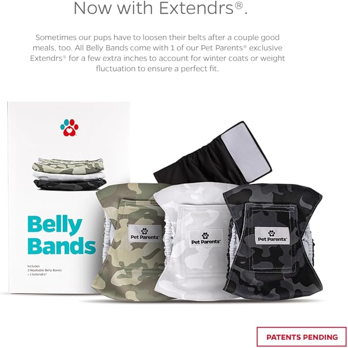 Pet Parents® Washable Belly Bands for Male Dogs (3pack) + Extendrs® of Durable Dog Diapers Male, Premium Male Dog Diapers & Dog Wraps (Medium, Camo)
