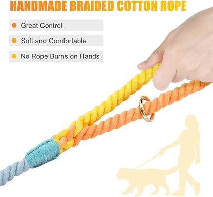 Dog Leash 5 FT Handmade Braided Cotton Rope Leashes for Small Medium and Large Dogs, New Golden Heavy Duty Metal Clasp, Colorful Rainbow