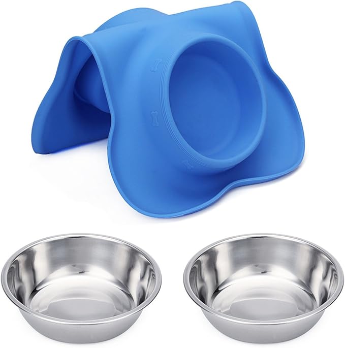 Hubulk Pet Dog Bowls 2 Stainless Steel Dog Bowl with No Spill Non-Skid Silicone Mat + Pet Food Scoop Water and Food Feeder Bowls for Feeding Small Medium Large Dogs Cats Puppies (Small, Blue)