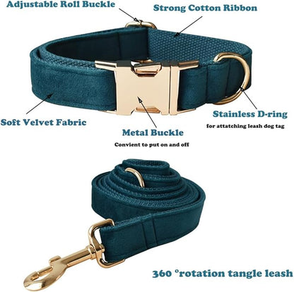 Love Dream Velvet Dog Collar and Leash Set, Soft & Comfy Adjustable Dog Leash and Collar with Heavy Duty Metal Buckle for Small Medium Large Dogs Training & Walking (XLarge, Peacock Green)