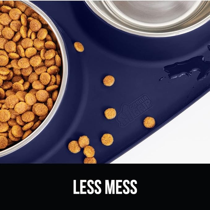 GORILLA GRIP Feeding Mat Bowl Set, 100% Waterproof BPA Free Silicone, 304 Stainless Steel Cat and Dog Bowls for Food and Water, Slip Resistant, High Edge, US Designed, Patent Pending, 2 Cup Navy Blue
