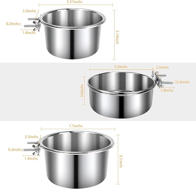 3 Pcs Large Pet Dog Food Water Bowl for Cage Stainless Steel Kennel Hanging Cats Pets Bowls with Clamp Holder Crate Feeder Dish for Medium Large Dogs (7.1x3.5'' & 6.3x2.6'' & 5.5x3.1'')