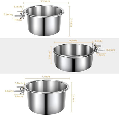 3 Pcs Large Pet Dog Food Water Bowl for Cage Stainless Steel Kennel Hanging Cats Pets Bowls with Clamp Holder Crate Feeder Dish for Medium Large Dogs (7.1x3.5'' & 6.3x2.6'' & 5.5x3.1'')