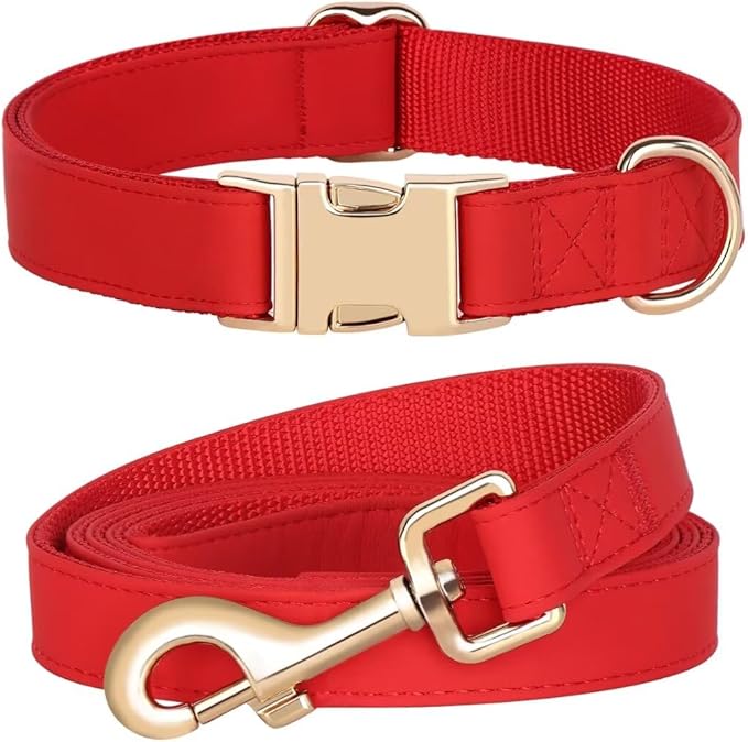 PET ARTIST Soft PU Leather Dog Collar and Leash Set, Bright & Stylish 5FT PU Leather Leash and Collar Set, Durable Pet Collars with Quick Release Metal Buckle for Small Dogs,Red,S(9"-14")