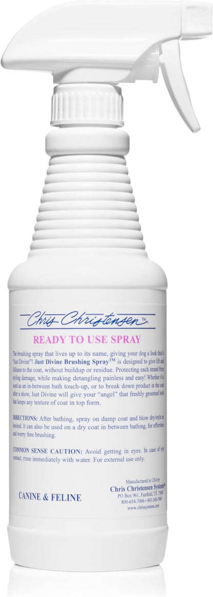 Chris Christensen Just Divine Dog Brushing Spray, Groom Like a Professional, Prevents Brushing Damage, Light Detangler, Ready to Use, All Coat Types, Made in USA, 16oz