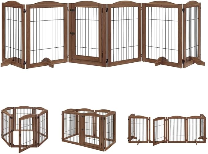 unipaws Pet Playpen with Wood and Wire, 6 Panels Extra Wide Freestanding Walk Through Dog Gate with 4 Support Feet, Foldable Stairs Barrier Pet Exercise Pen for Dogs Cats