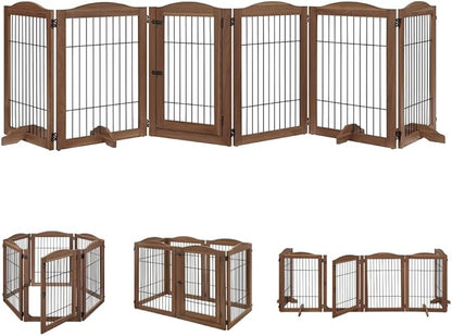 unipaws Pet Playpen with Wood and Wire, 6 Panels Extra Wide Freestanding Walk Through Dog Gate with 4 Support Feet, Foldable Stairs Barrier Pet Exercise Pen for Dogs Cats