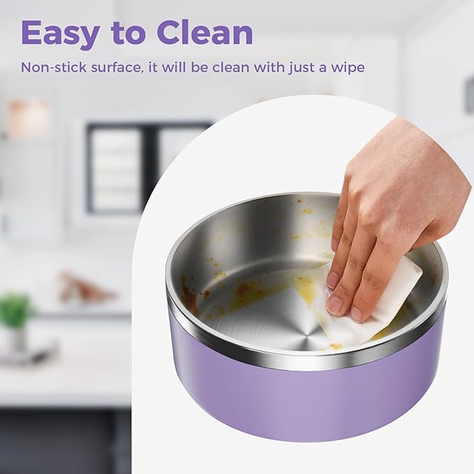 WENBOKMIN Dog Bowl, Stainless Steel Dog Food and Water Bowl with Non Slip Quiet Bottom, Easy to Clean, Dishwasher Safe, 64oz, Light Purple