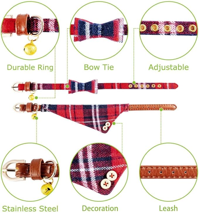 EXPAWLORER Dog Collar and Leash Set - Classic Plaid Dog Bow Tie and Dog Bandana Collar with Bell, Dog Leash Tangle Free, Adjustable Collars for Small Medium Large Dogs Cats, Holiday Ideal Gift