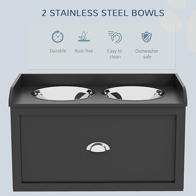 PawHut Dog Feeding Station with Storage Drawer - Removable Elevated Dog Bowls for Large Dogs, Black