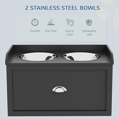 PawHut Dog Feeding Station with Storage Drawer - Removable Elevated Dog Bowls for Large Dogs, Black