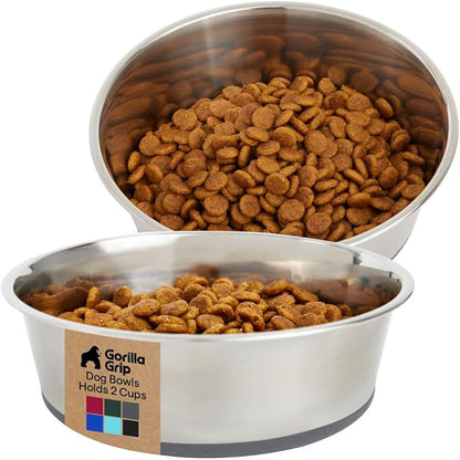 GORILLA GRIP Dog Bowls, Food Grade 304 Stainless Steel, Holds 2 Cups Each (16 fl oz) Food and Water Bowl for Feeding Dogs and Cats, Dishwasher Safe, Rust Resistant, BPA Free Rubber Base Set of 2 Gray