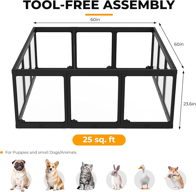 Acrylic Dog Playpen Indoor, Cloud Design Clear Dog Play Pen for Puppies and Small Dogs, Easy Assembly & Clean Puppy Pen (23.6", 12 Panels, Black)