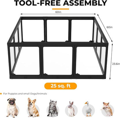 Acrylic Dog Playpen Indoor, Cloud Design Clear Dog Play Pen for Puppies and Small Dogs, Easy Assembly & Clean Puppy Pen (23.6", 12 Panels, Black)
