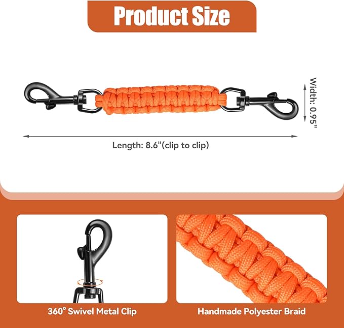 Dog Collar Safety Clip with Dual Clasps,Handmade Backup Safety Strap for Dog Harness, Collars and No Pull Harness Connectors (Orange)