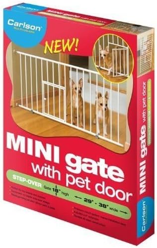 Carlson 18-30.75" Mini Expandable Dog Gate with Small Pet Door, Pressure Mounted Metal Indoor Pet Gate for Doorways & Bottom of Stairs, Cat Gate, White