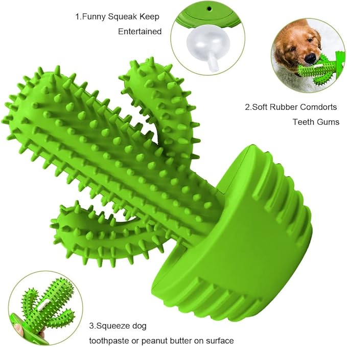 Pamlulu Dog Chew Toys, Toothbrush Stick Teeth Cleaning Brush Dental for Small Medium Large Dog, Rubber Squeaky Toys for Aggressive Chewers Cactus Tough Toys