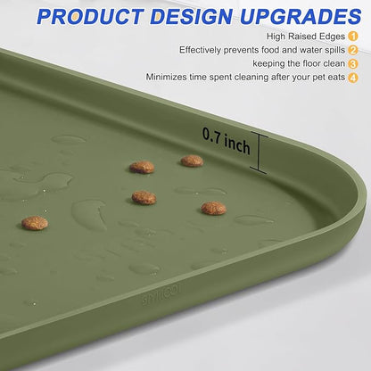 SMILOOL Silicone Pet Feeding Mat with Raised Edge for Food and Water, Dog Bowl Mats, Cat Bowls Placemat with High Lip for Floor Waterproof, Rubber Tray for Cats and Dogs 19 x 12 x0.7 Light Olive Green