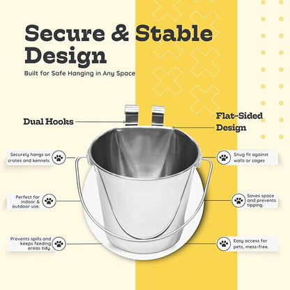 2 quart Stainless Steel Flat Sided Bucket with Dual Hooks | 0.5 gal Durable Food & Water Bowl for Dog Cats Bird & Small Animals | Fits kennel Cage Critter Crate | Hanging Utility Pet Pail