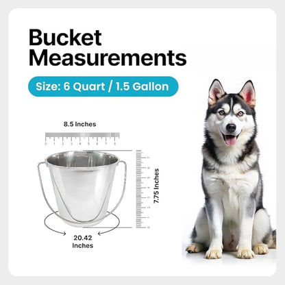 Heavy Duty Stainless Steel Bucket 1.5 Gallon - 6 Quart Flat Side Metal Bucket for Feeding & Watering Pets, Livestock & Cleaning - Perfect for Crates, Kennels, Cages & Hang on Fences