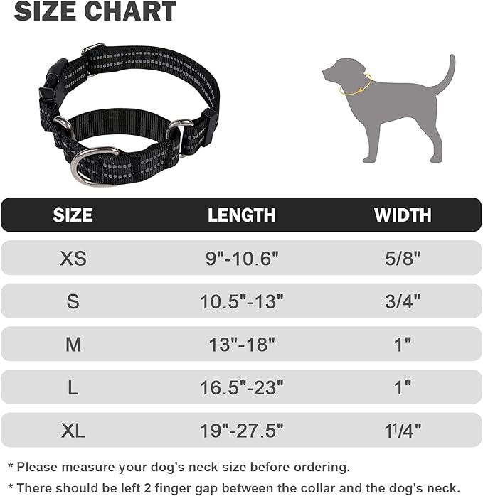 Hikiko Martingale Collar for Dogs Reflective Nylon Dog Collar with Quick Release Buckle Adjustable Training No Slip Dog Collar (Large, Black)