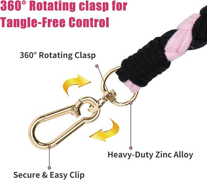 Handmade 5ft Braided Cotton Dog Leash with Unique Floral Handle, Durable and Stylish, Ideal for Small to Large Dogs, Black & Pink Color