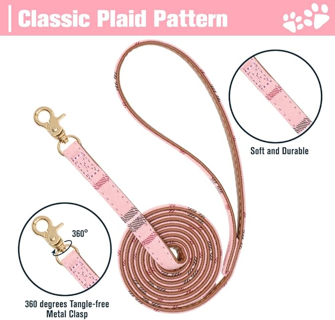 EXPAWLORER Puppy Collar and Leash Set - Embroidery Pawprints Plaid Dog Collar and Dog Leash Set, Bow Tie and Bandana Dog Collar with Bell, Collar and Leash for Dogs Cats Outdoor Walking, Pink S
