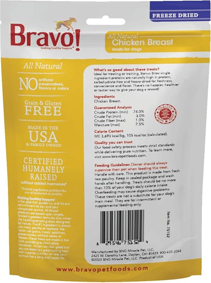 Bravo! Bonus Bites Single Ingredient Freeze Dried Raw Dog Treats, Chicken Breast, 3 Ounce, High Protein, Grain Free, Gluten Free