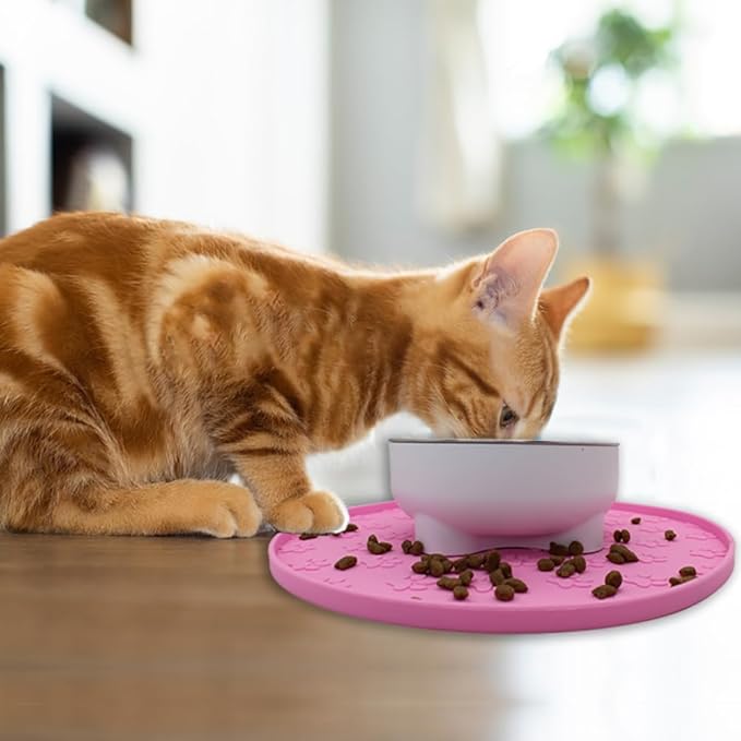 Silicone pet Food mat, Dog Food and Water mat, Raised Edge Rubber mat for Dog Bowls, Prevents Food and Water from staining Floors, Suitable for Small and Medium Pets，10.6'' (Pink - Odorless)