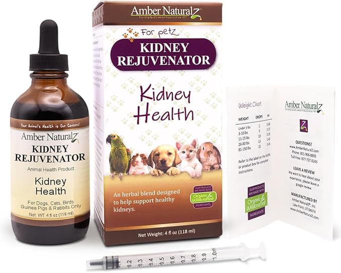 Amber NaturalZ Kidney Rejuvenator Herbal Supplement for Dogs, Cats, Birds, Rabbits, and Guinea Pigs | Supports Normal Kidney Function | Natural Aid for Kidney Health 4 Fluid Ounces