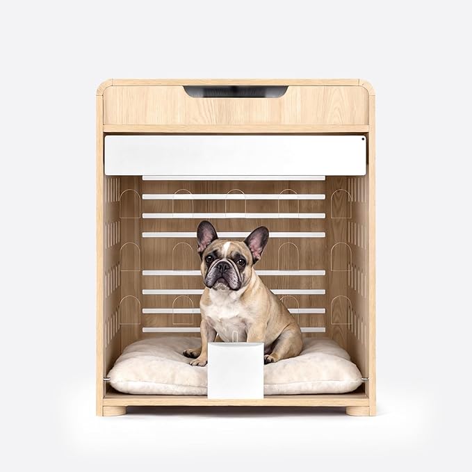 Modern Dog Crate Furniture with Charging Station Medium Kennel Indoor with Flip-up Hidden Acrylic Door for Small and Medium Breeds up to 50lb Wood Pet End Side Table Cage, Oak