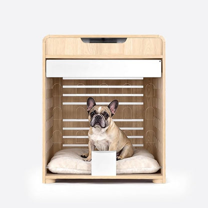 Modern Dog Crate Furniture with Charging Station Medium Kennel Indoor with Flip-up Hidden Acrylic Door for Small and Medium Breeds up to 50lb Wood Pet End Side Table Cage, Oak