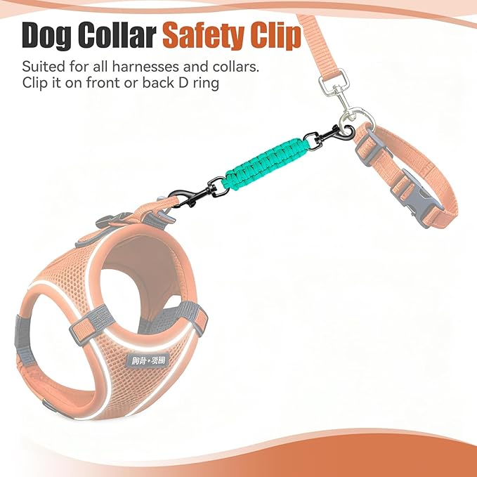 Dog Collar Safety Clip with Dual Clasps,Handmade Backup Safety Strap for Dog Harness, Collars and No Pull Harness Connectors (Teal)