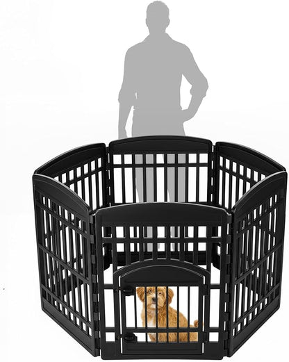 IRIS USA Dog Playpen with Door, 34” 6 Panel Pet Exercise Pen – Indoor Outdoor Puppy Play Pen, Portable Plastic Pet Fence for Small Medium Dogs, Foldable 44” x 63” x 34”, Black