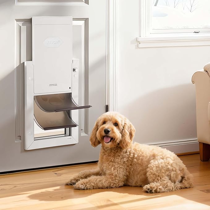 VEVOR 2-Flaps Dog Door, with Aluminum Frame, Metal Closing Panel and Lock, Strong and Weatherproof Dog Door for Interior and Exterior Doors, Easy in-and-Out Access for Doggies (White-Medium)