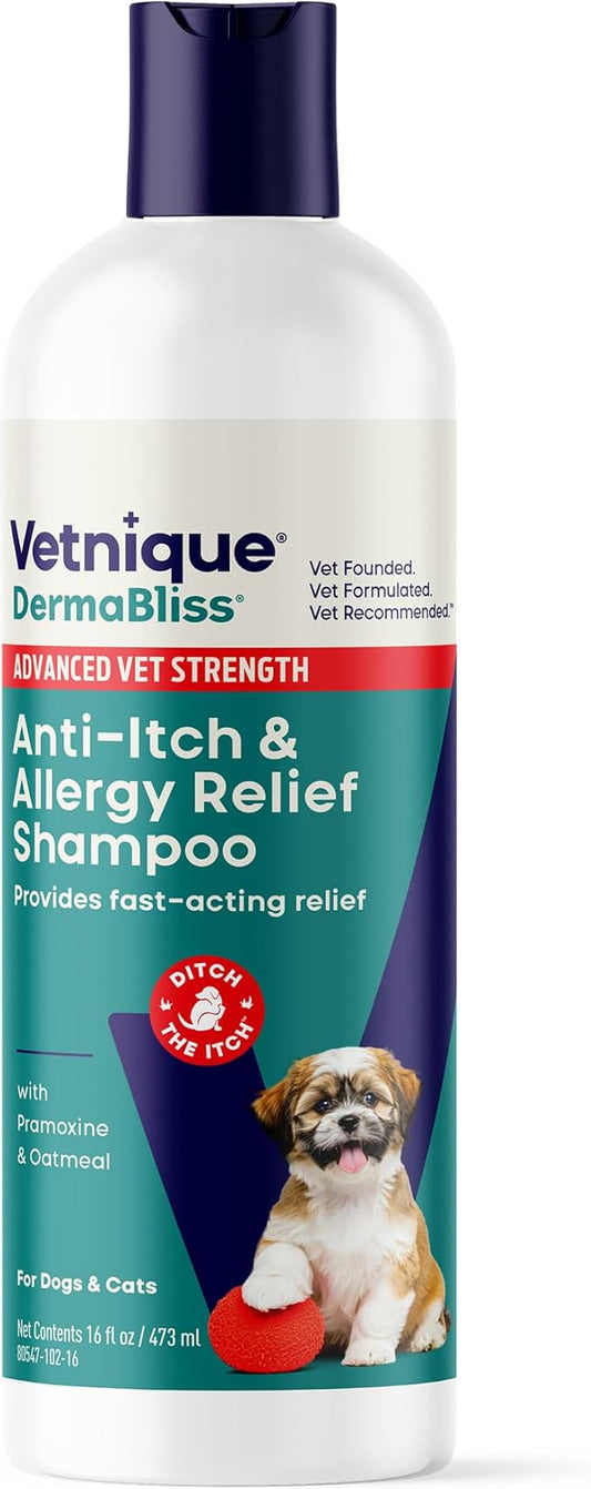 Vetnique Labs Dermabliss Dog Allergy and Itch Relief Shampoo for Dogs with Pramoxine Advanced Vet Strength - Ditch The Itch (Itch Relief, 16oz Shampoo)